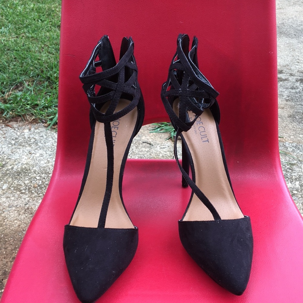 Black suede heels ankle design 5 in